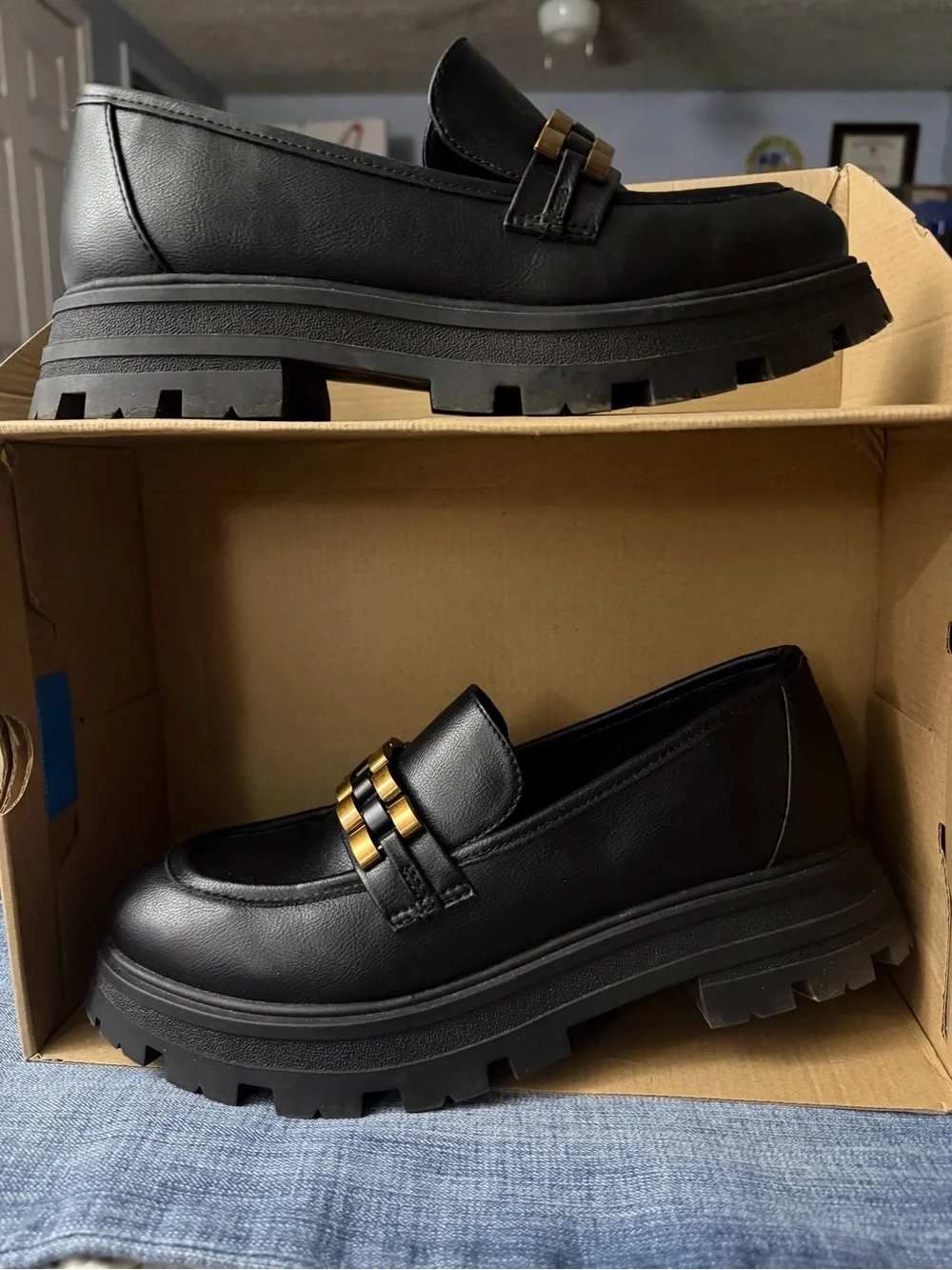 MIA Black Leather Loafers with Gold Chain Accents